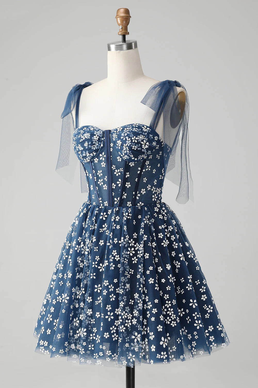 Amzcw Cute A Line Spaghetti Straps Print Corset Navy Short Homecoming Dress