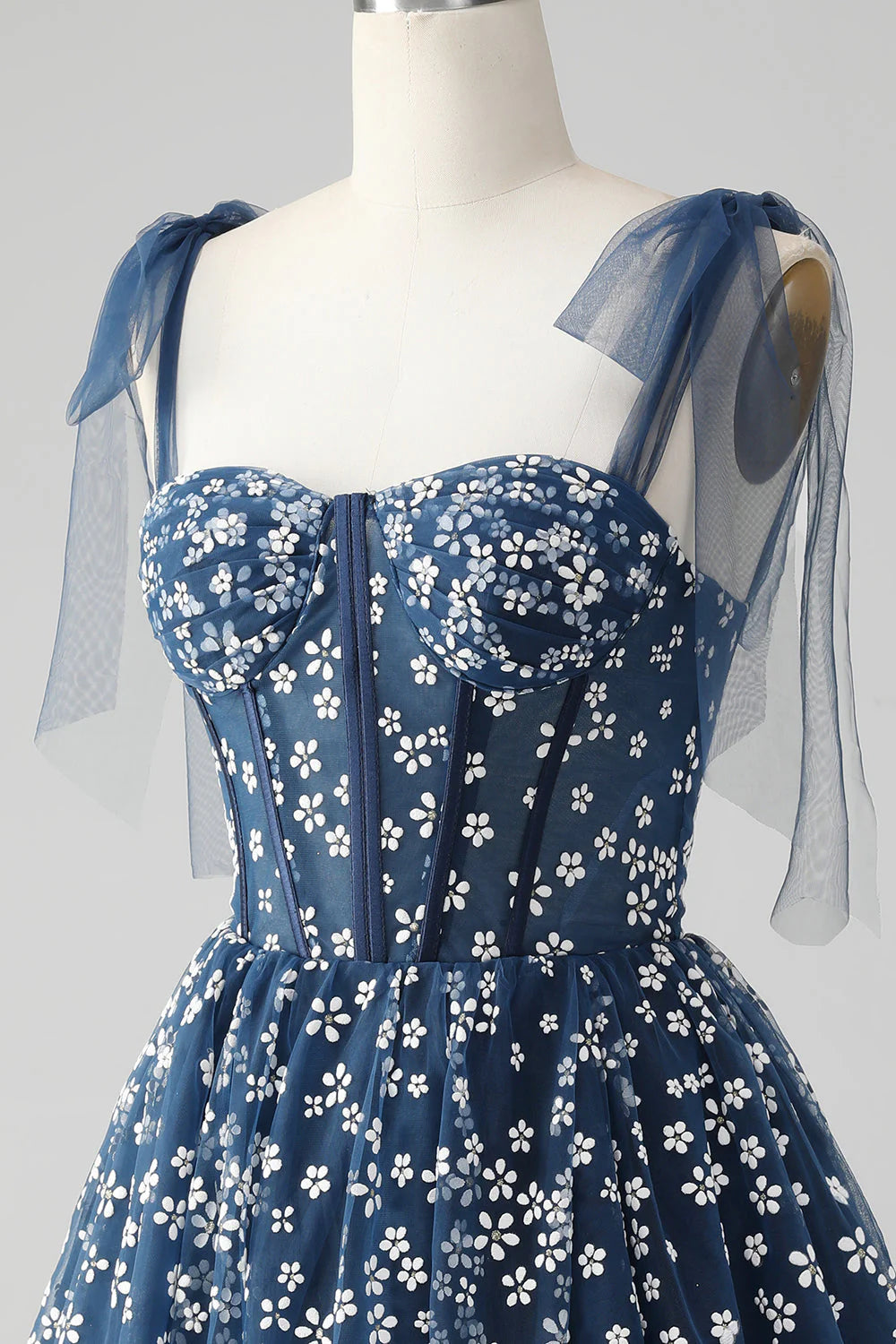 Amzcw Cute A Line Spaghetti Straps Print Corset Navy Short Homecoming Dress