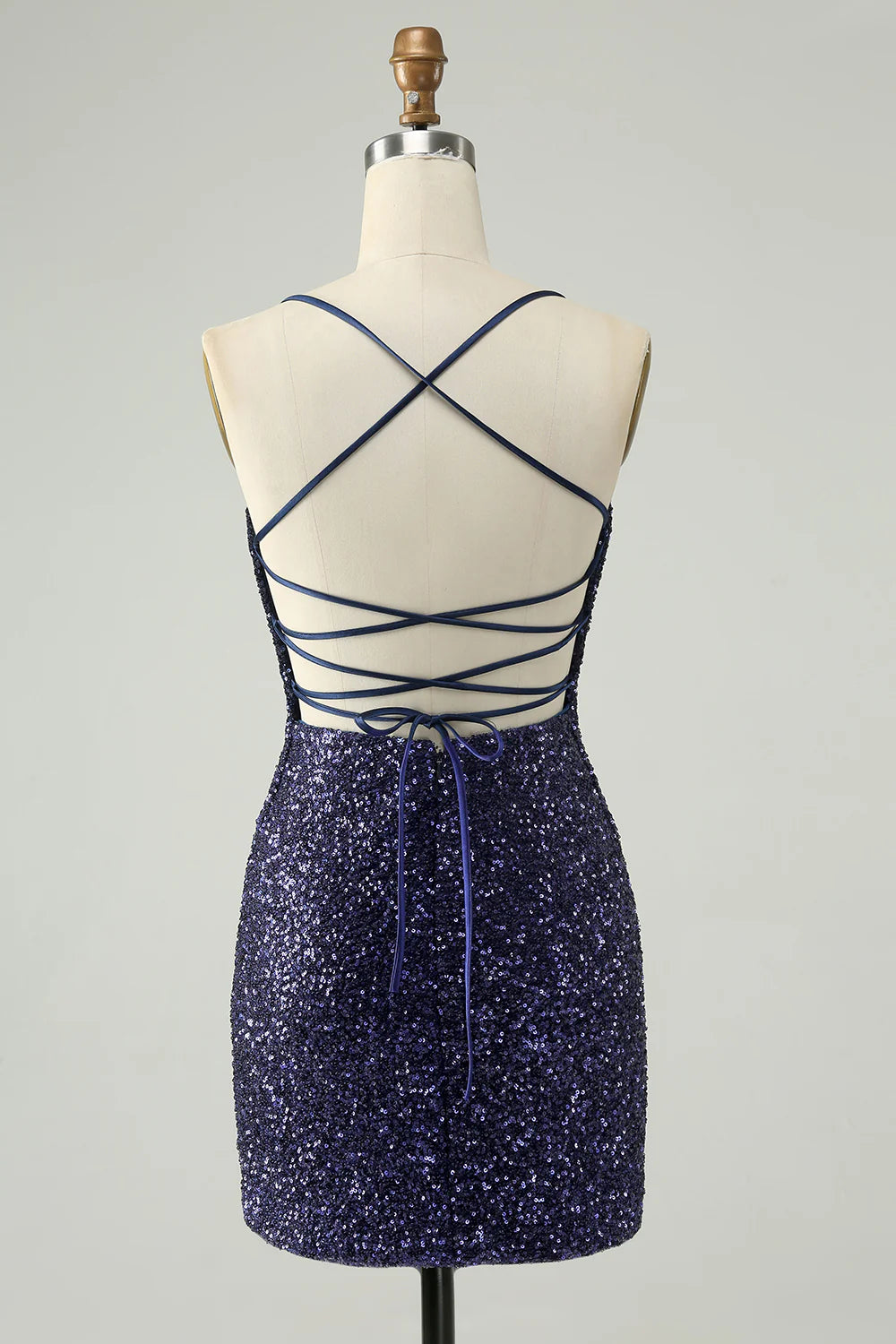 Amzcw Sparkly Navy Bodycon Spaghetti Straps Backless Short Homecoming Dress with Sequins