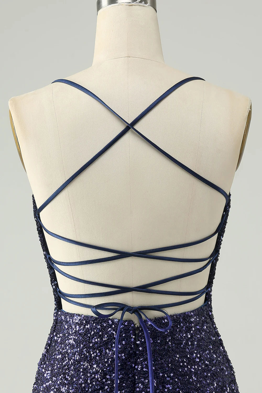 Amzcw Sparkly Navy Bodycon Spaghetti Straps Backless Short Homecoming Dress with Sequins