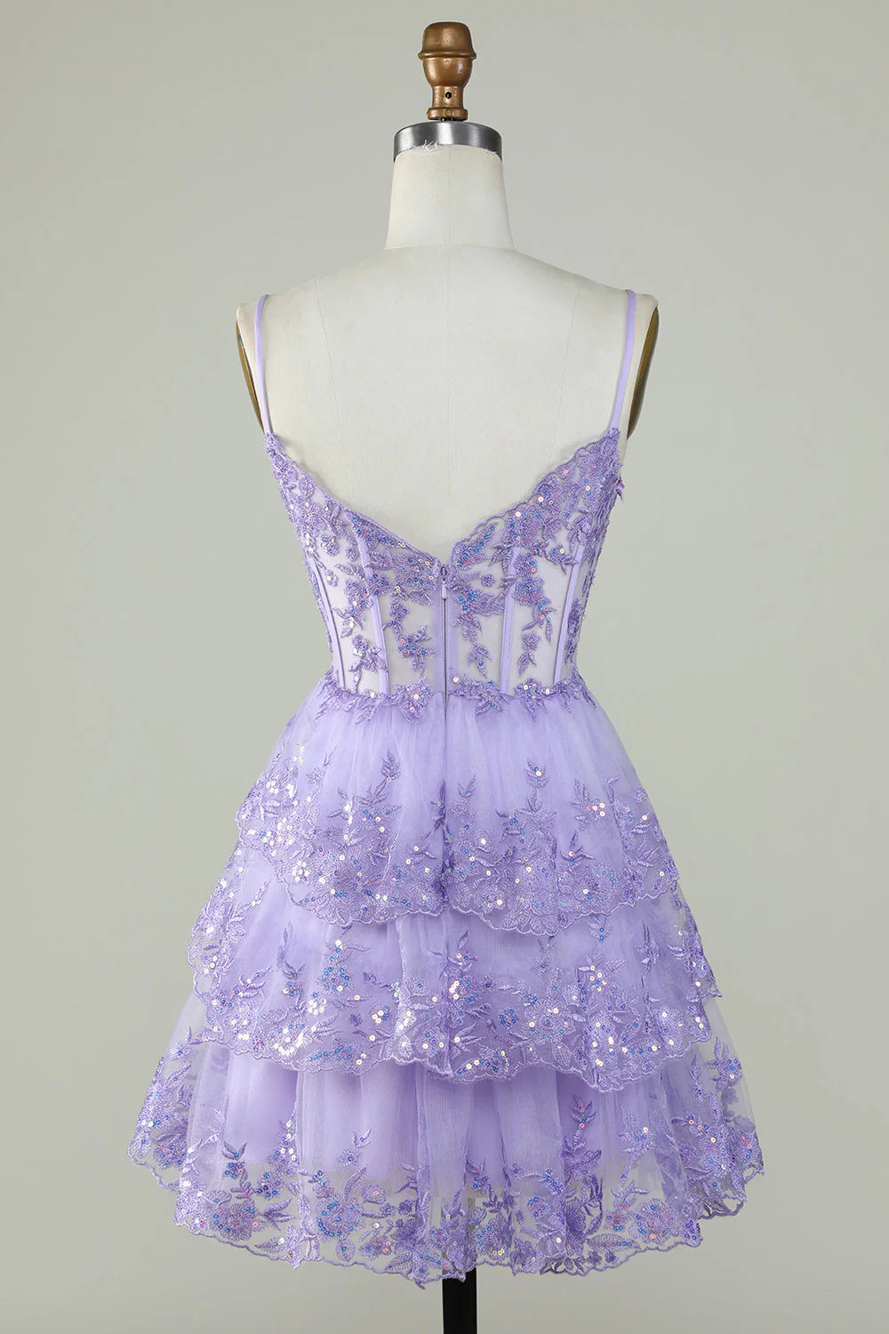 Amzcw Sparkly Purple A Line Spaghetti Straps Tiered Corset Short Homecoming Dress