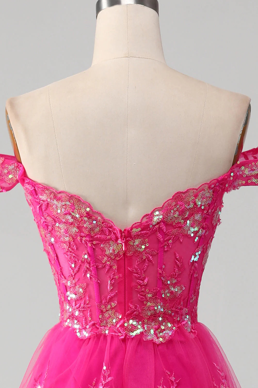 Amzcw Fuchsia A-Line Off The Shoulder Sparkly Sequin Tiered Prom Dress With Slit long prom dresses with sleeves