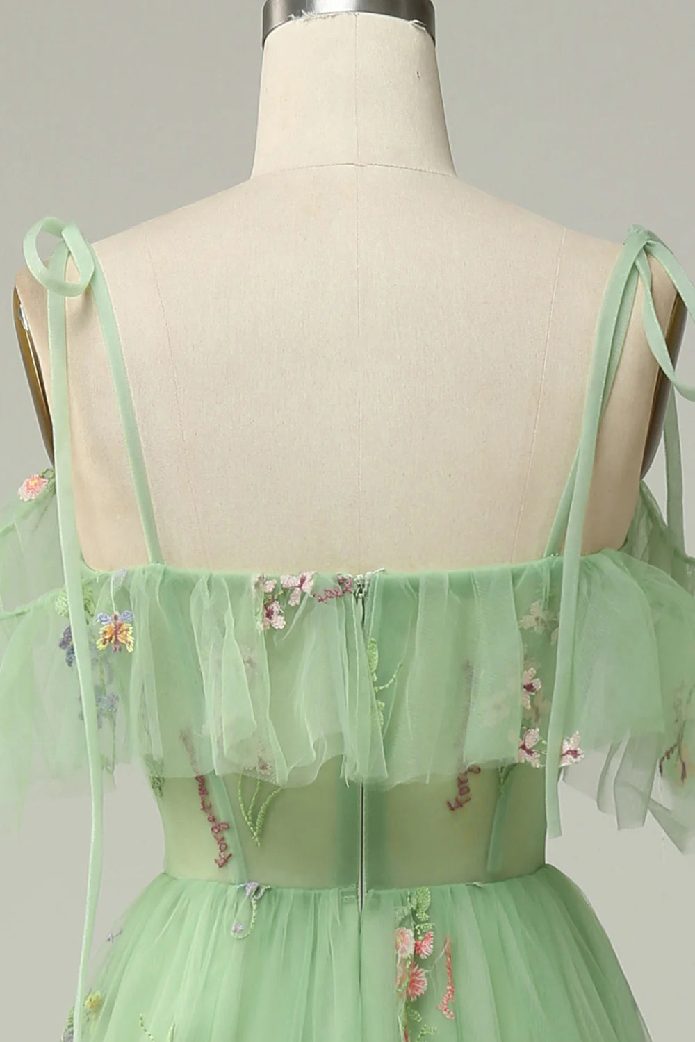 Amzcw Green A-Line Spaghetti Straps V-Neck Embroidered Prom Dress with Slit