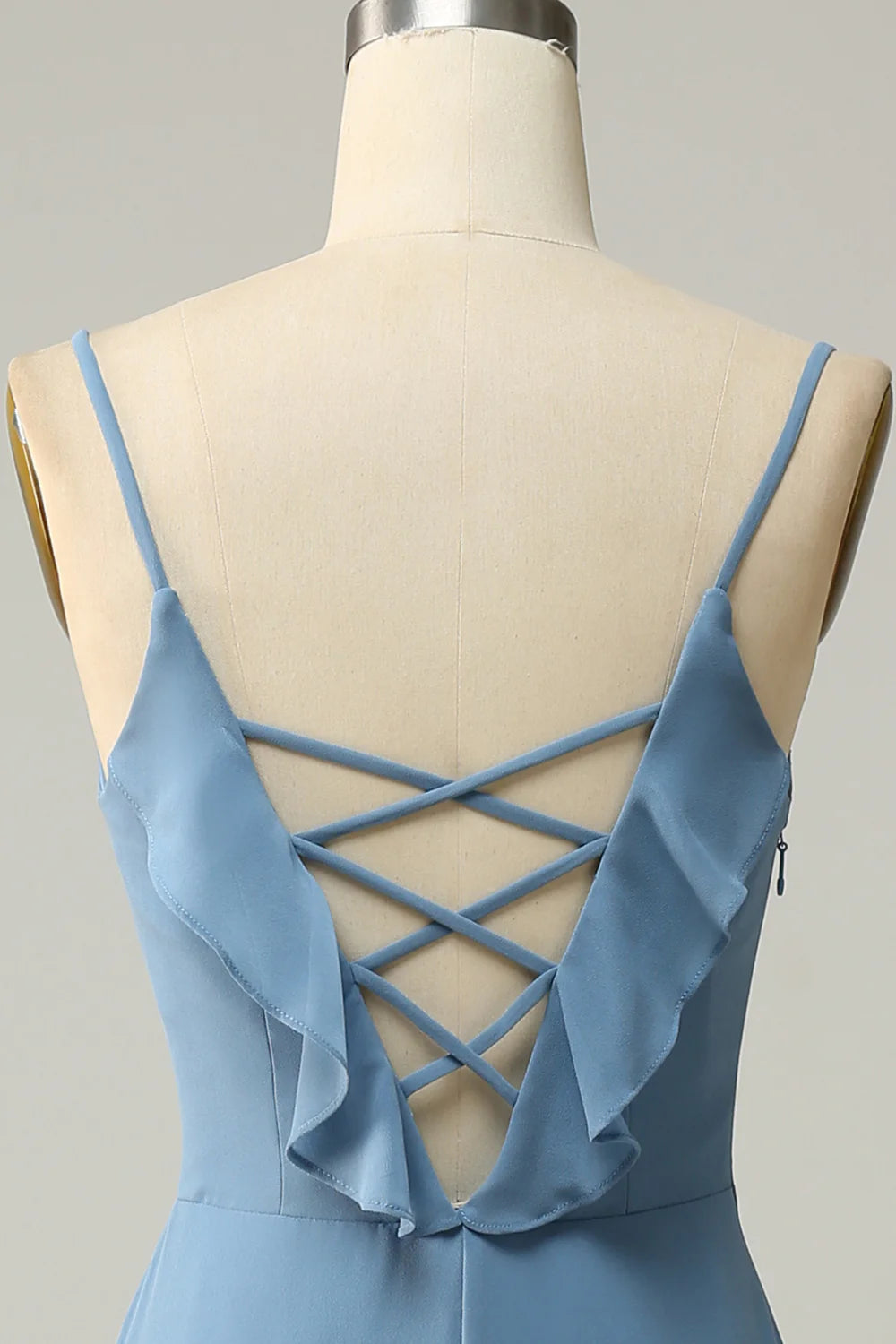 Vestido de dama de honor largo azul grisáceo con volantes y tirantes finos de Amzcw