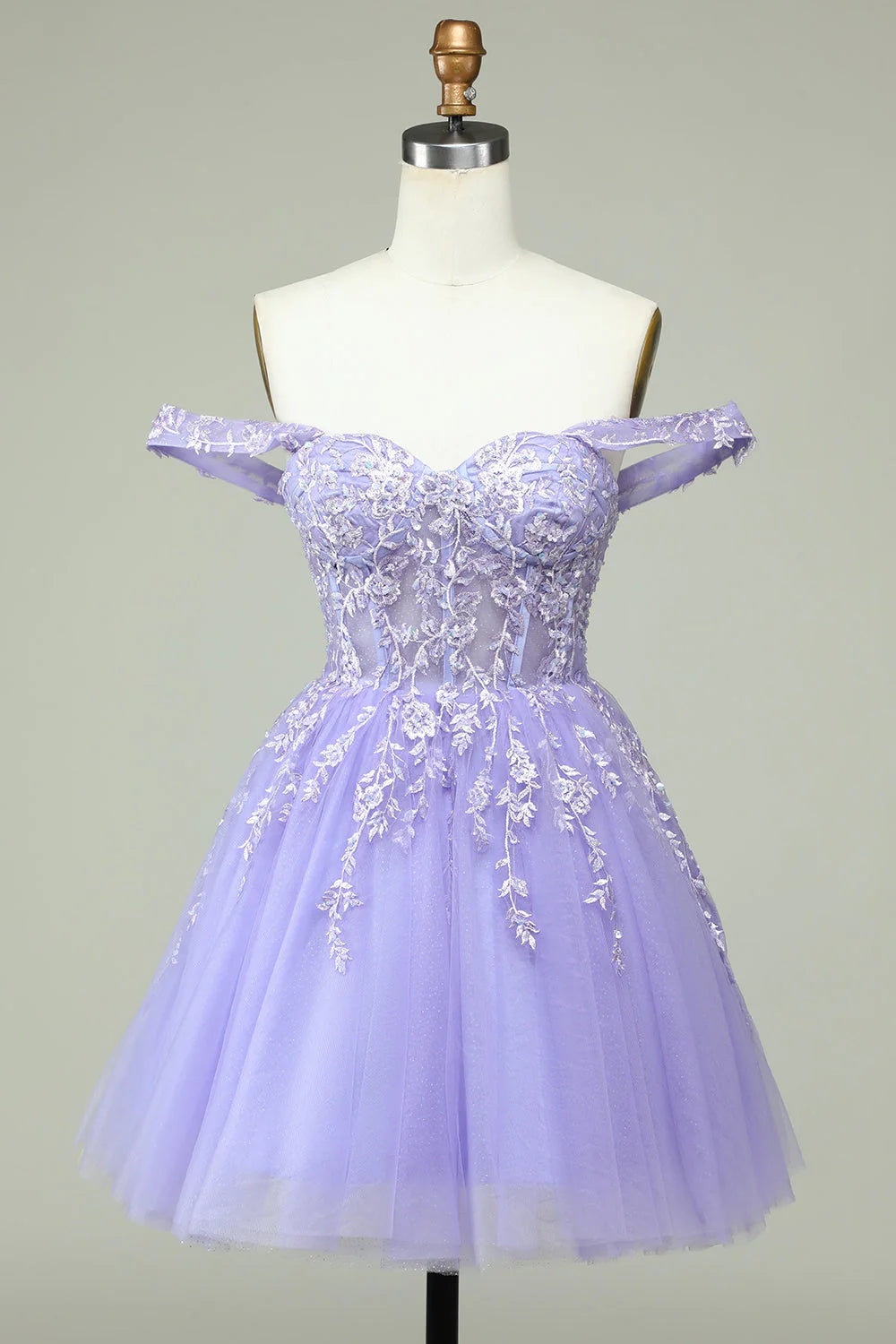 Amzcw Lilac A Line Off the Shoulder Corset Short Homecoming Dress with Appliques