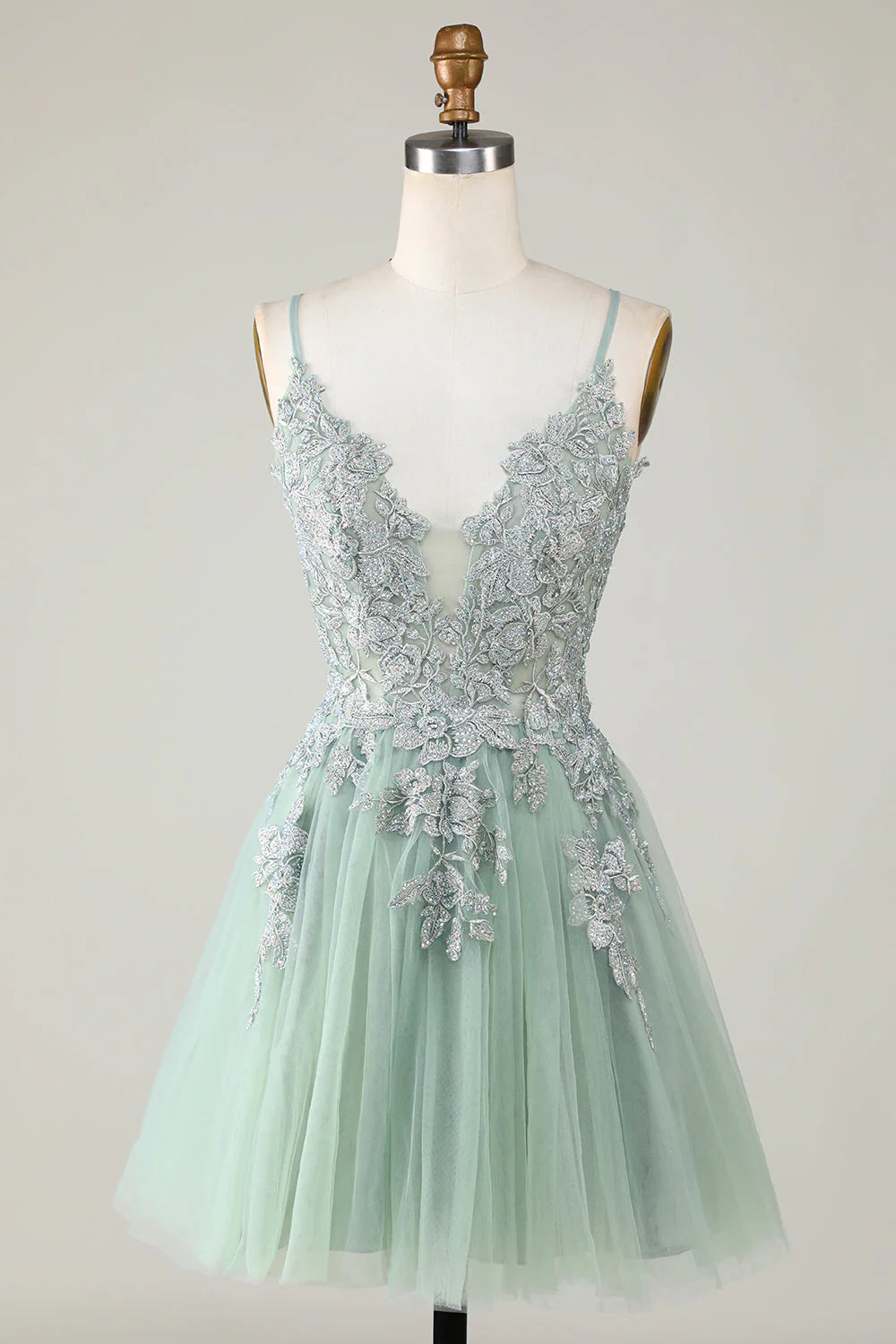 Amzcw Stylish Green A Line Spaghetti Straps Short Homecoming Dress with Appliques