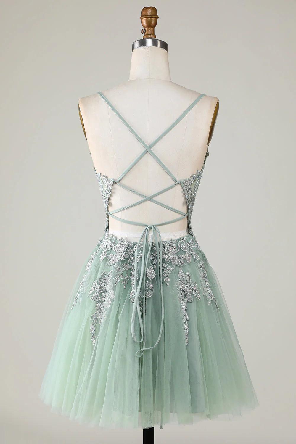 Amzcw Stylish Green A Line Spaghetti Straps Short Homecoming Dress with Appliques