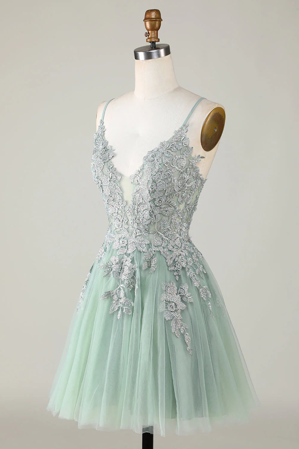 Amzcw Stylish Green A Line Spaghetti Straps Short Homecoming Dress with Appliques