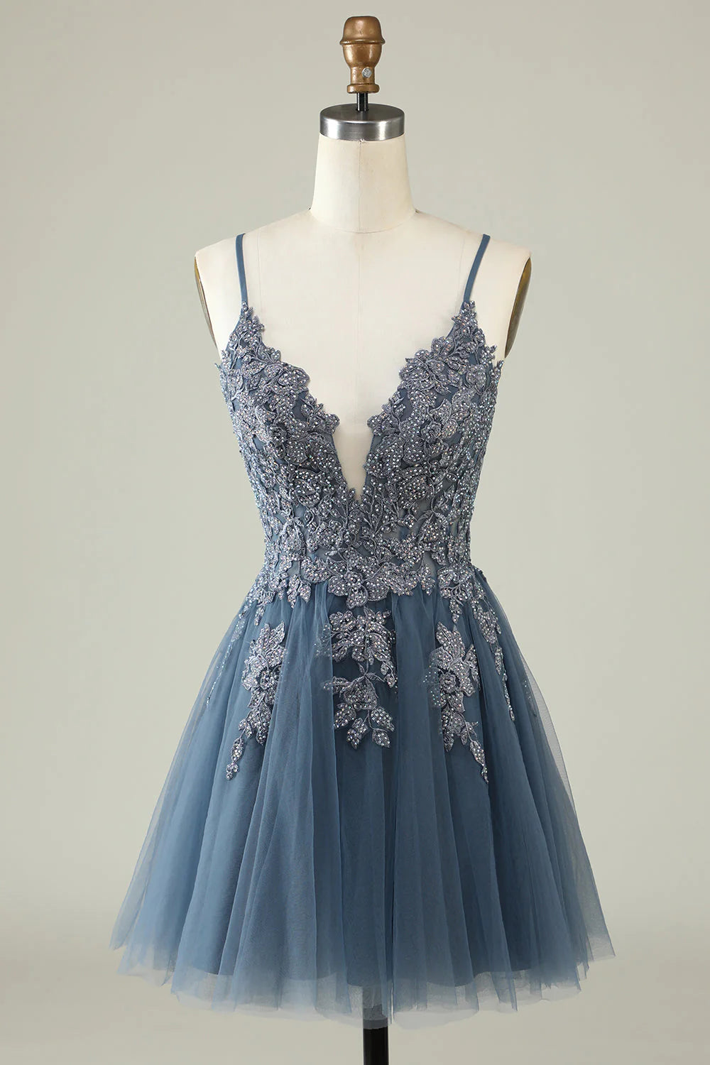 Amzcw A Line Spaghetti Straps Grey Blue Short Homecoming Dress with Appliques