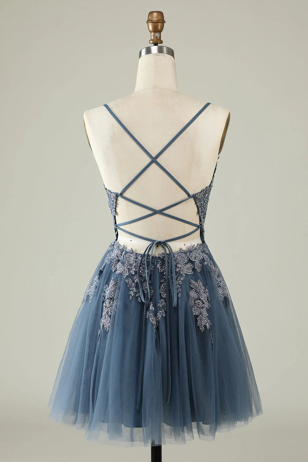 Amzcw A Line Spaghetti Straps Grey Blue Short Homecoming Dress with Appliques