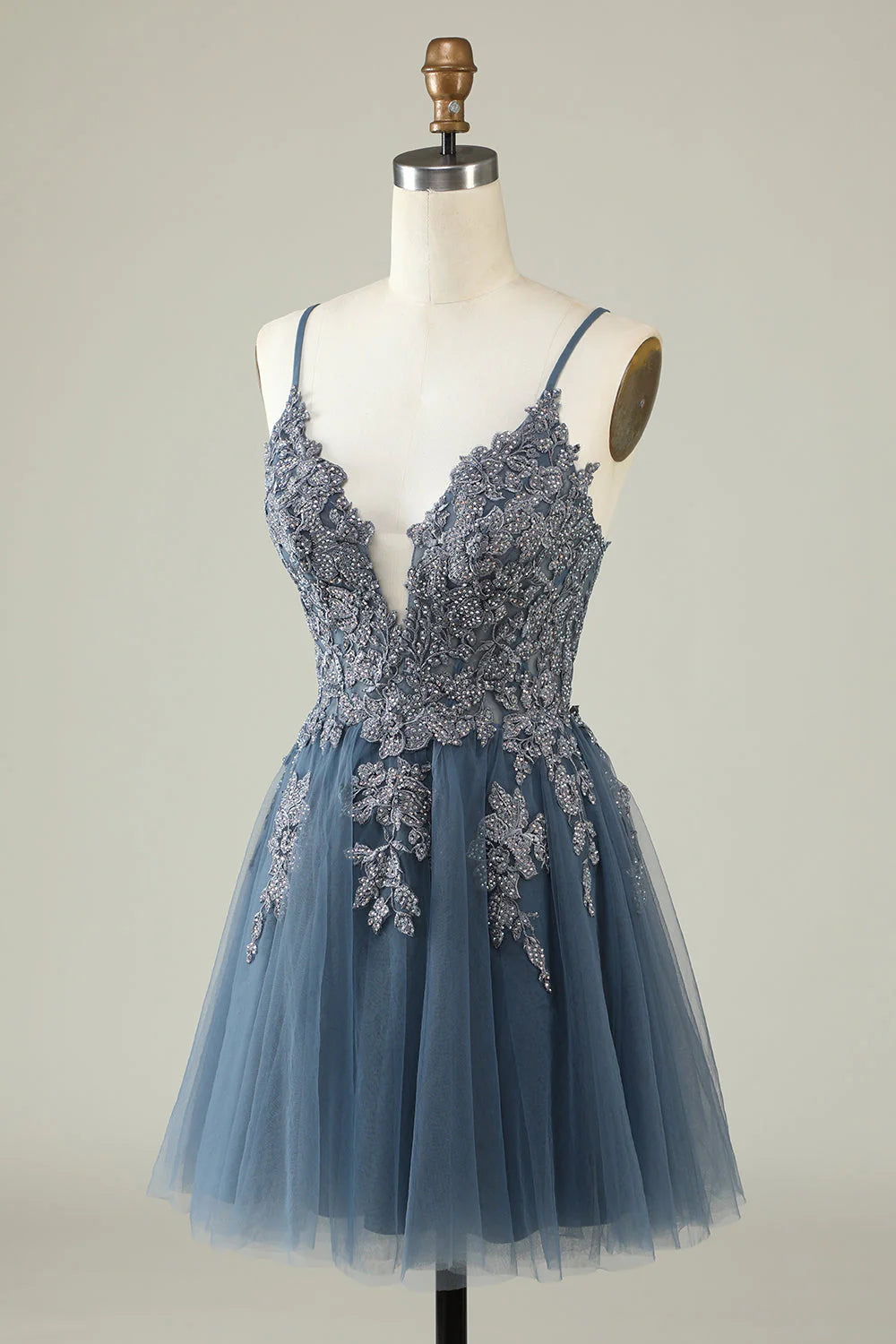 Amzcw A Line Spaghetti Straps Grey Blue Short Homecoming Dress with Appliques