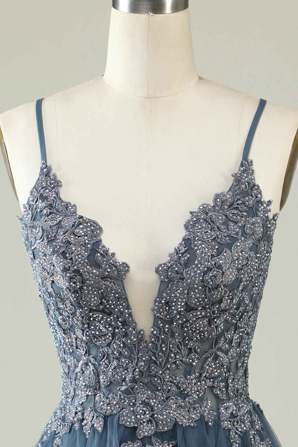 Amzcw A Line Spaghetti Straps Grey Blue Short Homecoming Dress with Appliques