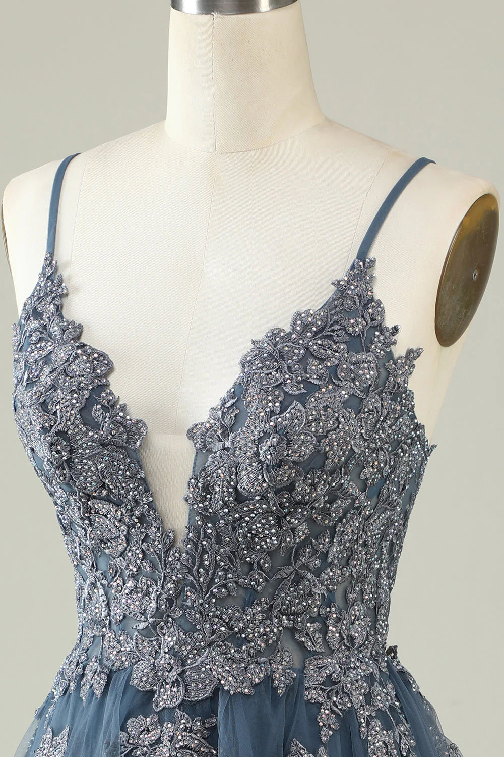 Amzcw A Line Spaghetti Straps Grey Blue Short Homecoming Dress with Appliques