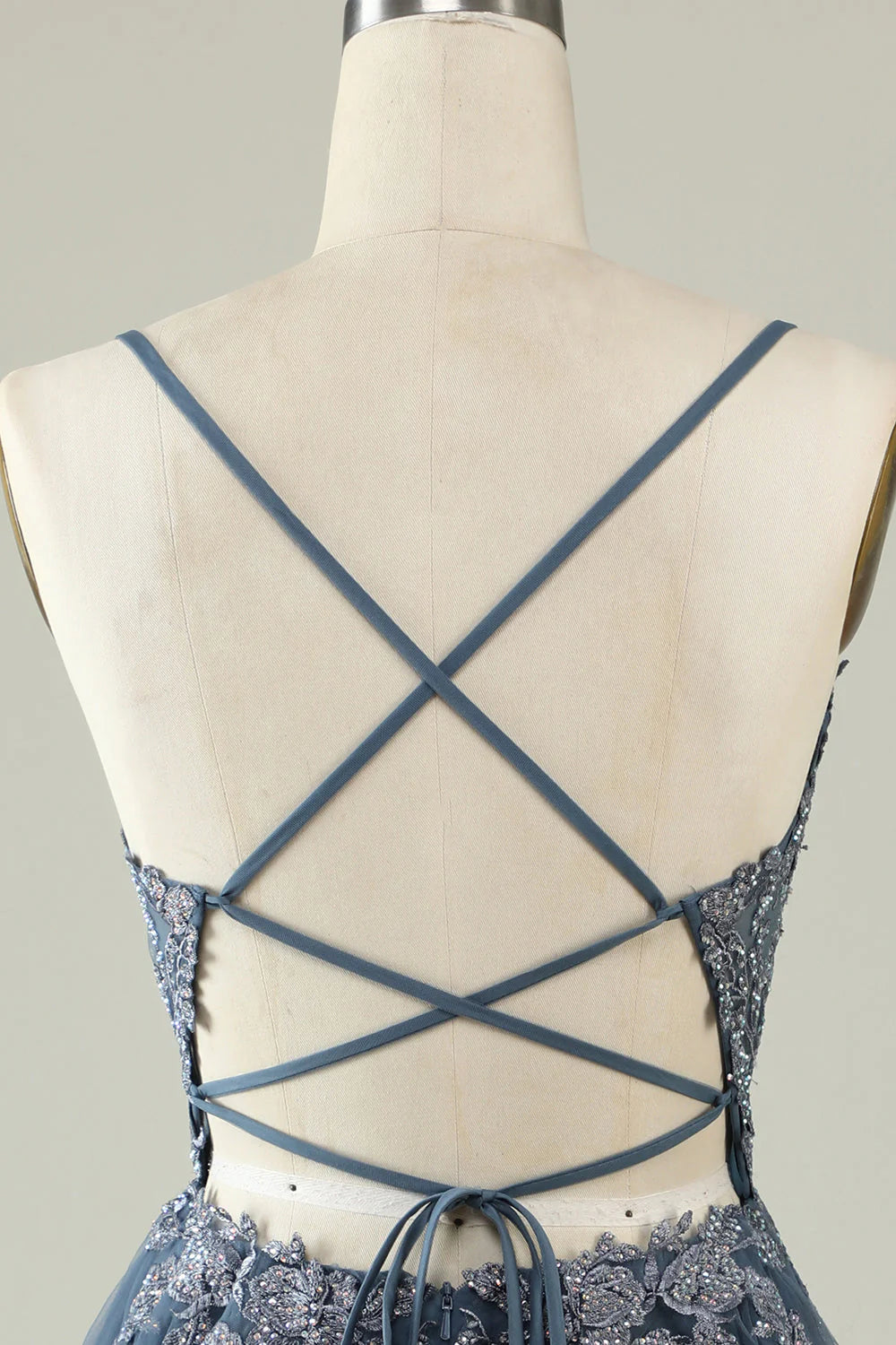 Amzcw A Line Spaghetti Straps Grey Blue Short Homecoming Dress with Appliques