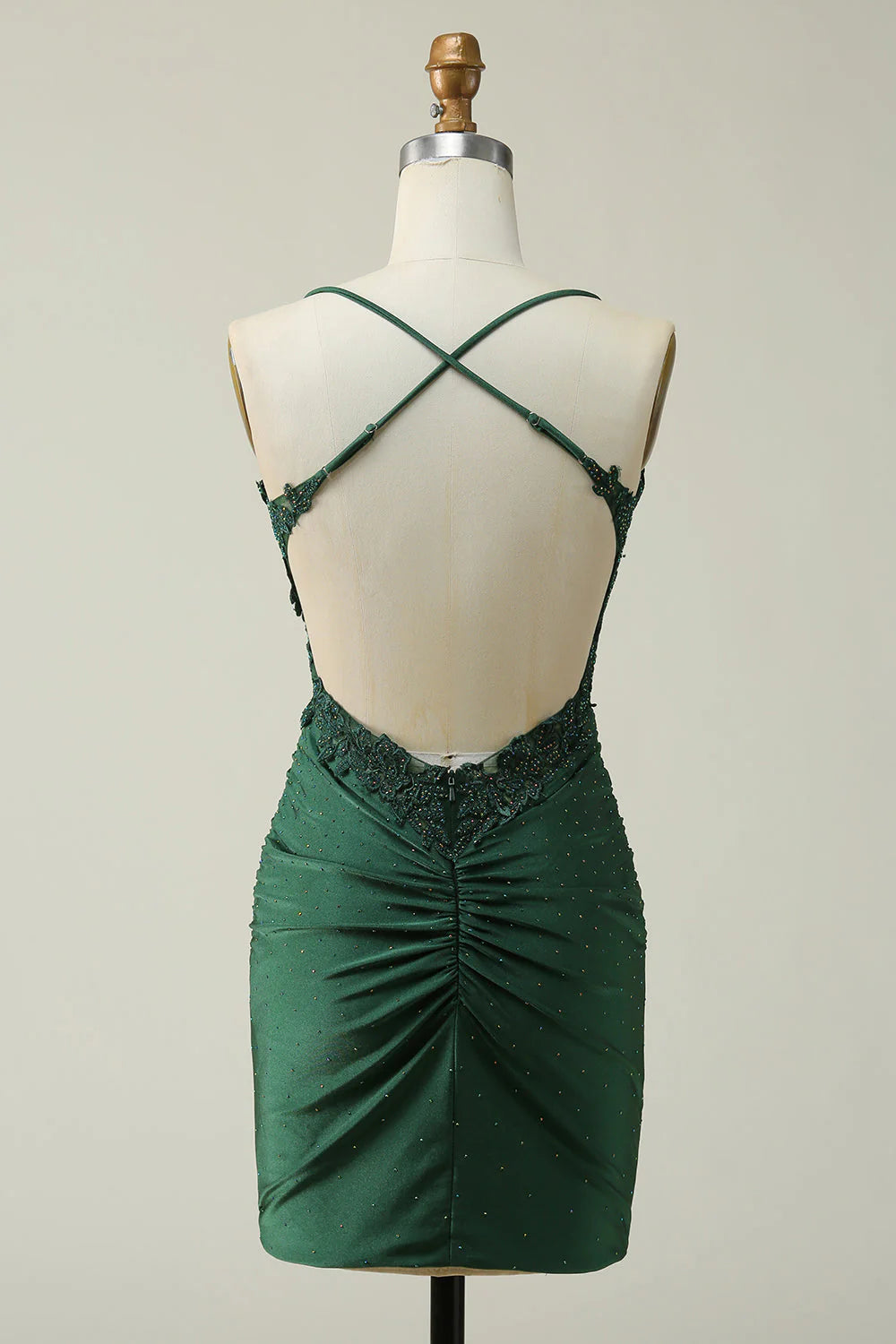 Amzcw Dark Green Sheath Spaghetti Straps Homecoming Dress with Appliques