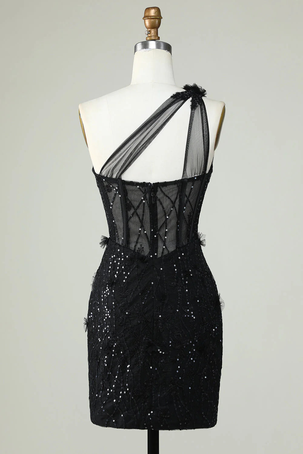 Amzcw Black Bodycon One Shoulder Corset Short Homecoming Dress with Appliques