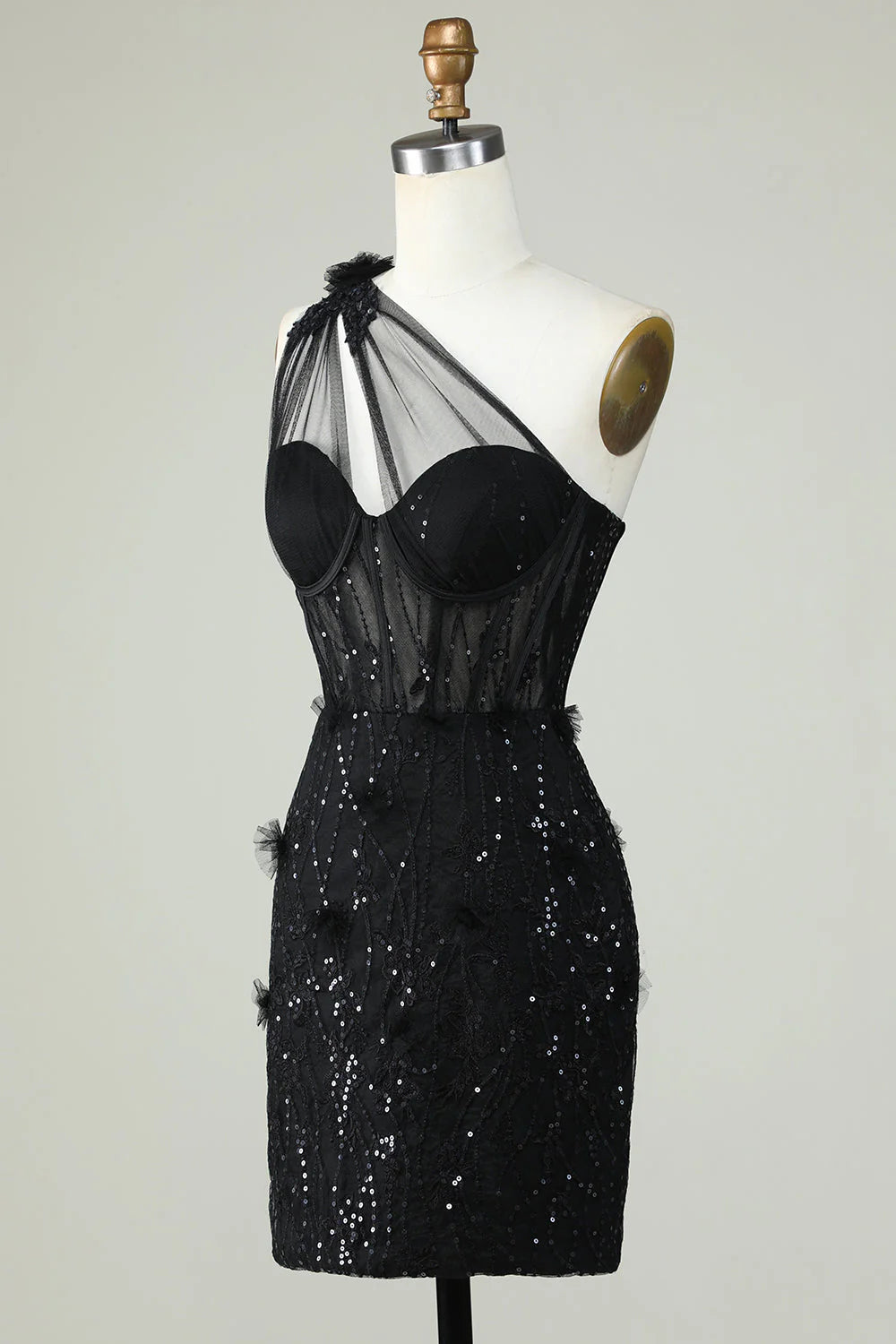 Amzcw Black Bodycon One Shoulder Corset Short Homecoming Dress with Appliques