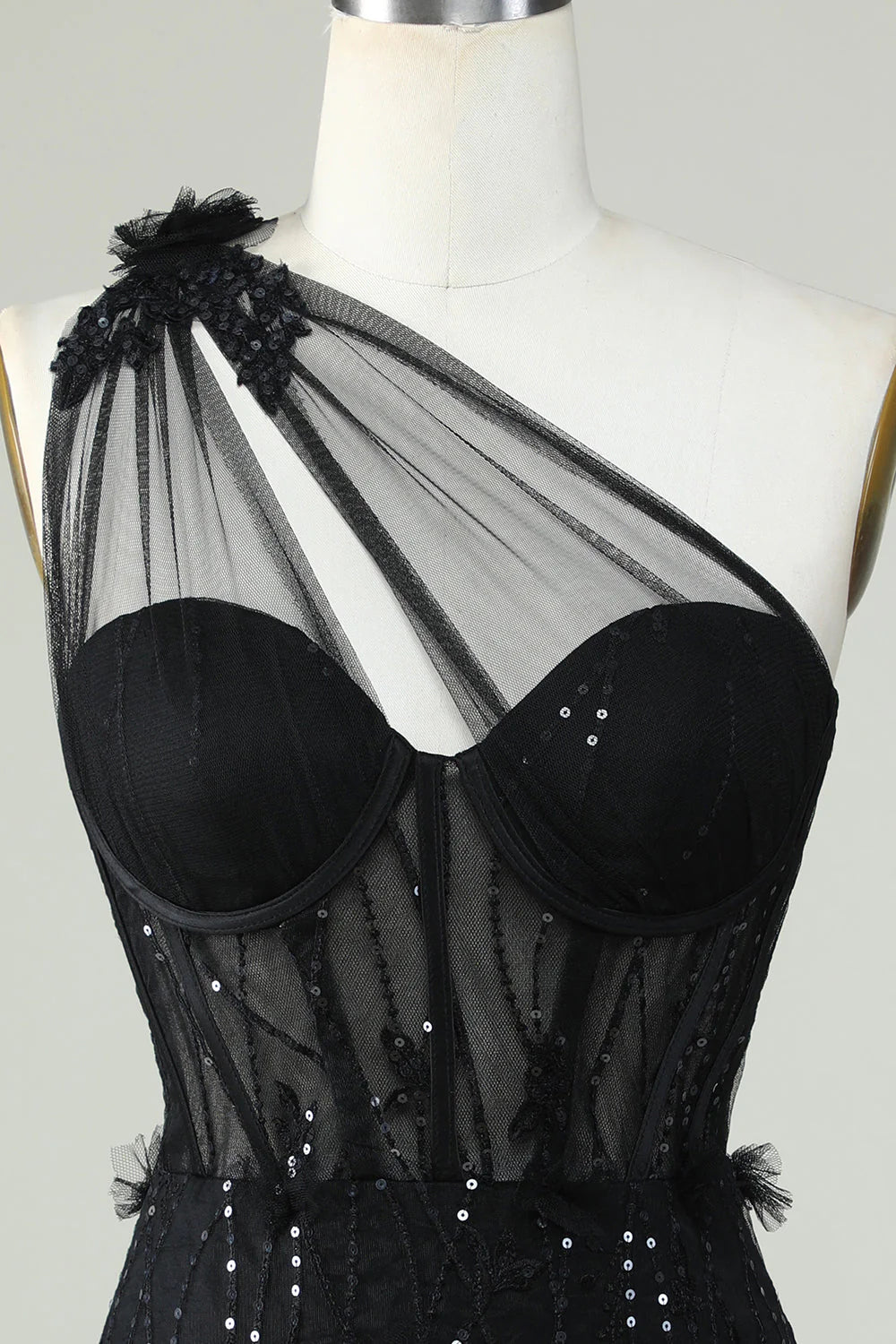 Amzcw Black Bodycon One Shoulder Corset Short Homecoming Dress with Appliques