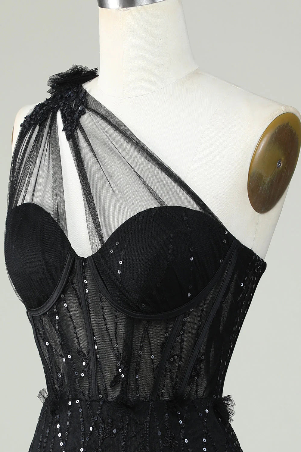 Amzcw Black Bodycon One Shoulder Corset Short Homecoming Dress with Appliques