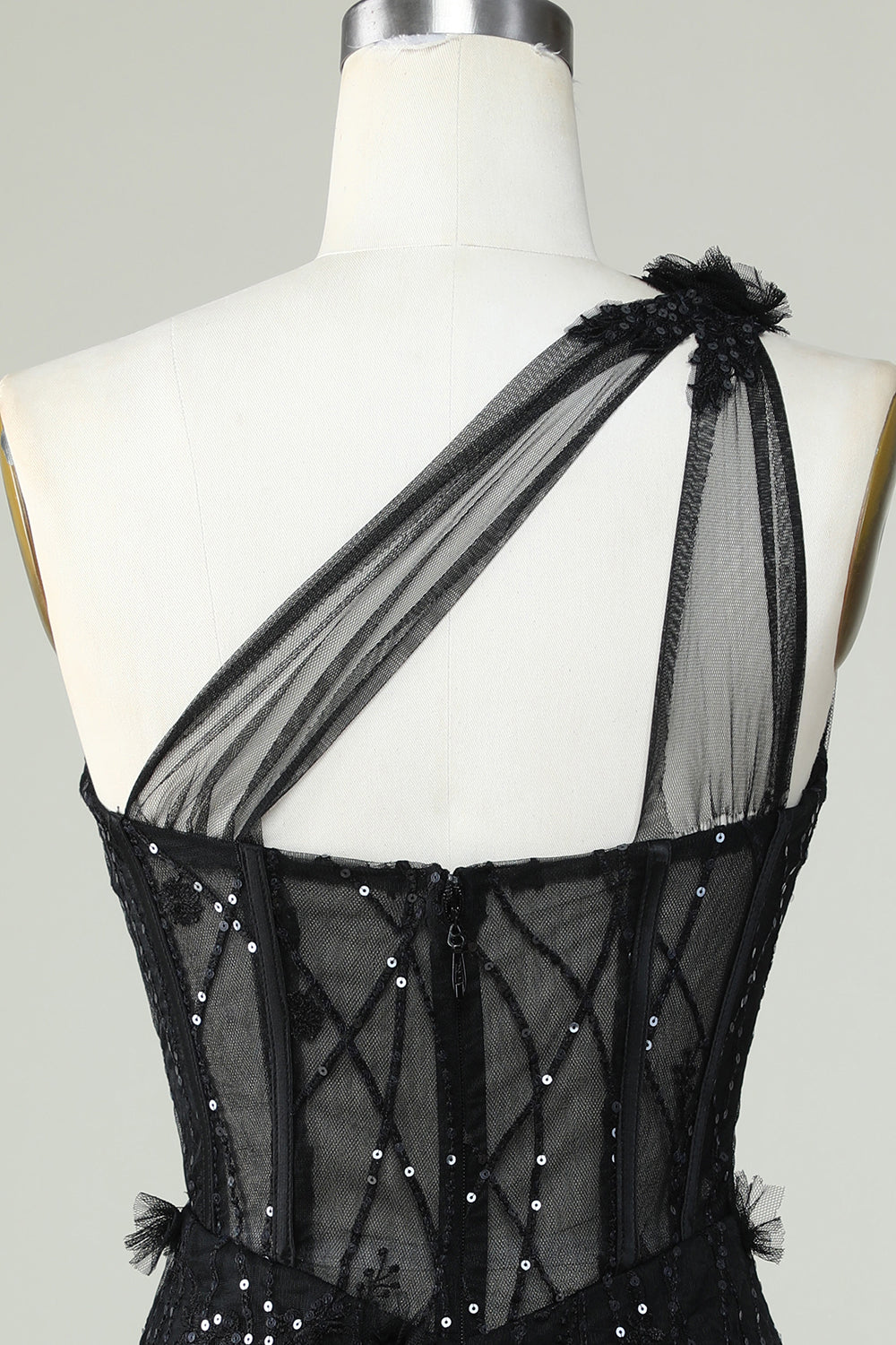 Amzcw Black Bodycon One Shoulder Corset Short Homecoming Dress with Appliques