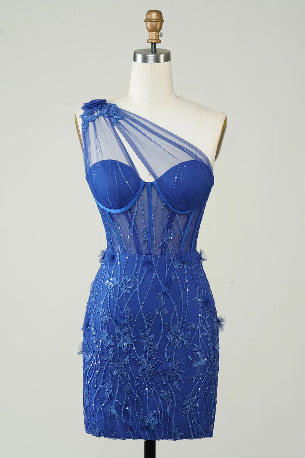 Amzcw Royal Blue Unique Sheath One Shoulder Short Homecoming Dress with Appliques