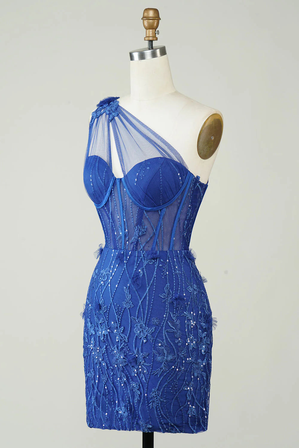 Amzcw Royal Blue Unique Sheath One Shoulder Short Homecoming Dress with Appliques