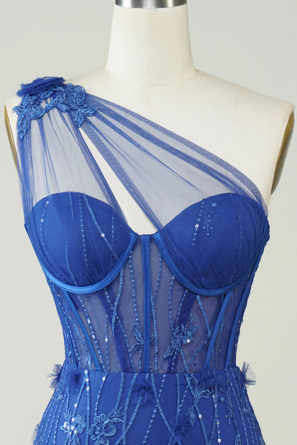 Amzcw Royal Blue Unique Sheath One Shoulder Short Homecoming Dress with Appliques