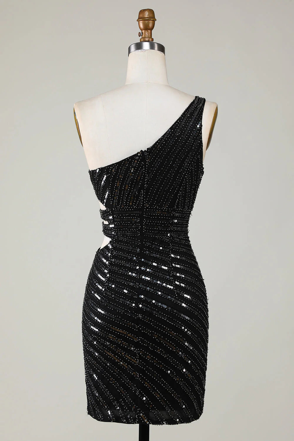 Amzcw Sparkly Bodycon One Shoulder Black Sequins Short Homecoming Dress with Cut Out