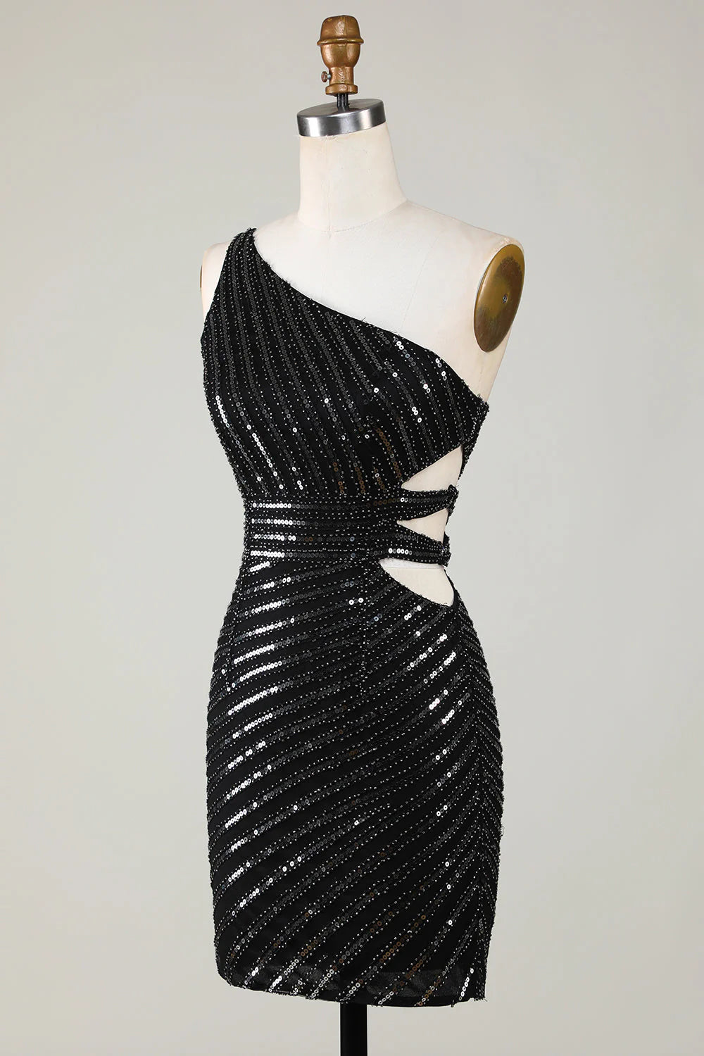 Amzcw Sparkly Bodycon One Shoulder Black Sequins Short Homecoming Dress with Cut Out