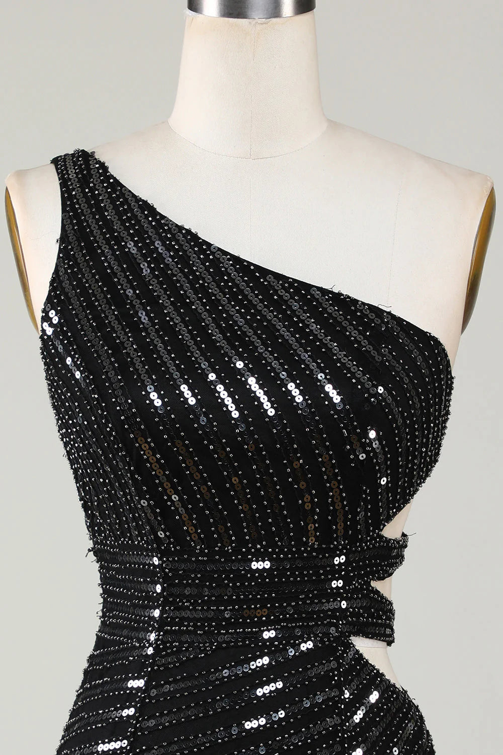 Amzcw Sparkly Bodycon One Shoulder Black Sequins Short Homecoming Dress with Cut Out