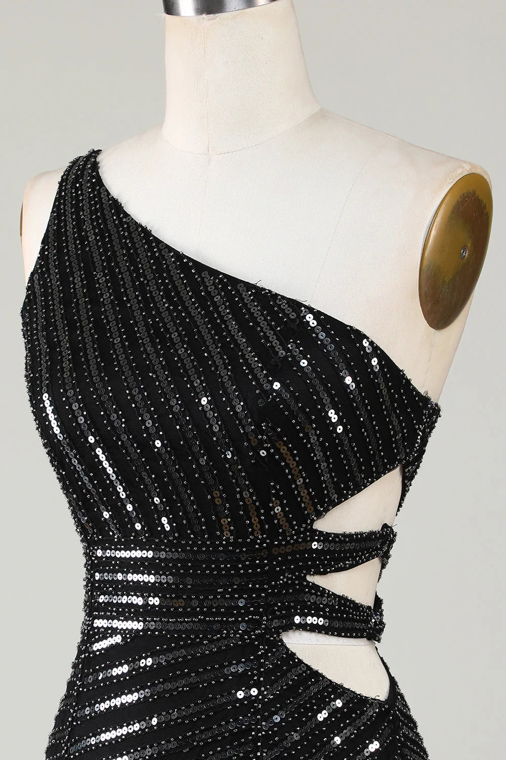 Amzcw Sparkly Bodycon One Shoulder Black Sequins Short Homecoming Dress with Cut Out
