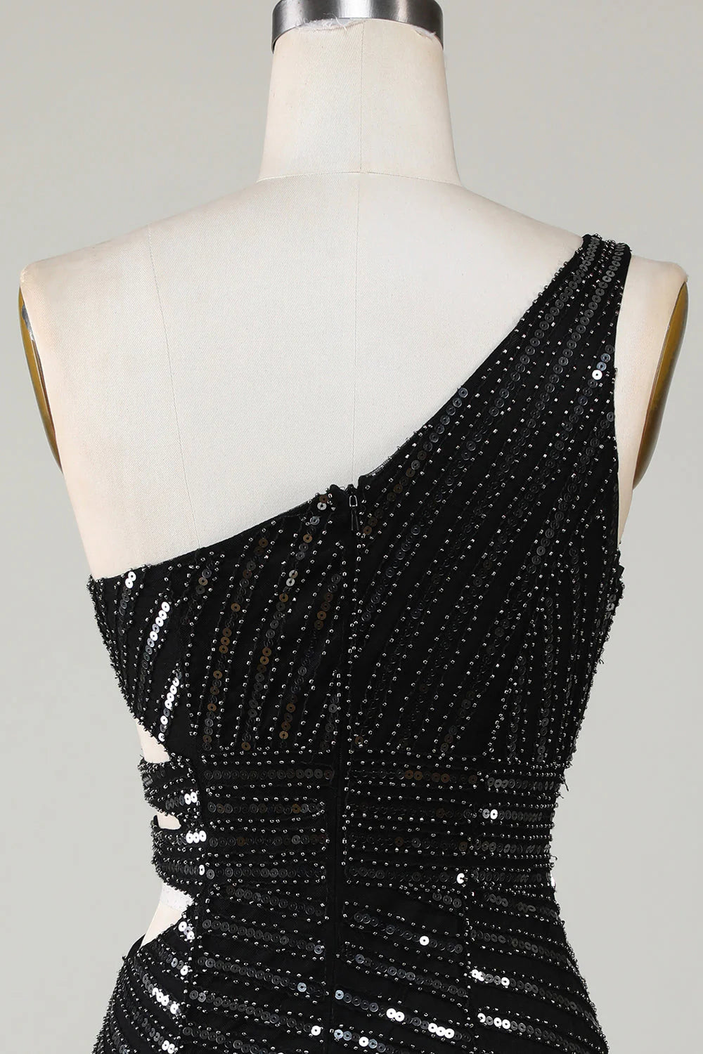Amzcw Sparkly Bodycon One Shoulder Black Sequins Short Homecoming Dress with Cut Out