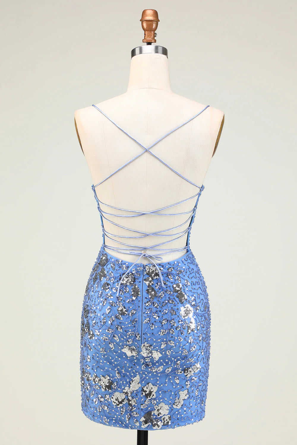 Amzcw Sparkly Sheath Grey Blue Sequins Short Homecoming Dress with Criss Cross Back