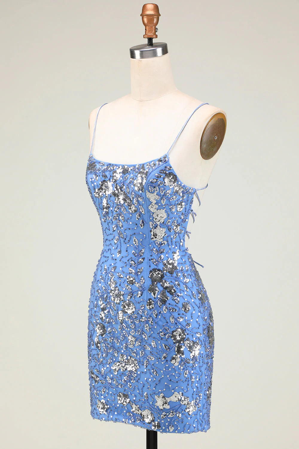 Amzcw Sparkly Sheath Grey Blue Sequins Short Homecoming Dress with Criss Cross Back