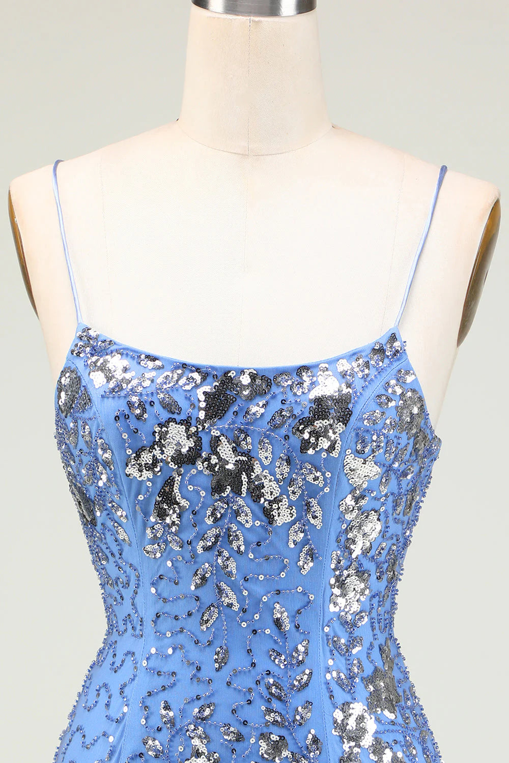 Amzcw Sparkly Sheath Grey Blue Sequins Short Homecoming Dress with Criss Cross Back