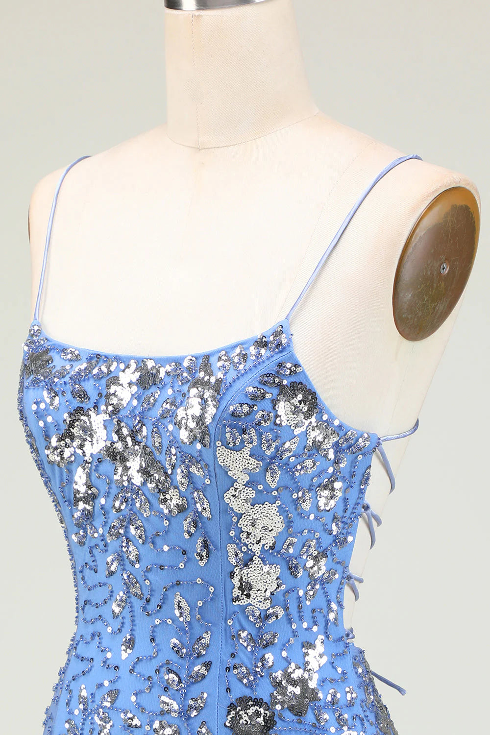 Amzcw Sparkly Sheath Grey Blue Sequins Short Homecoming Dress with Criss Cross Back