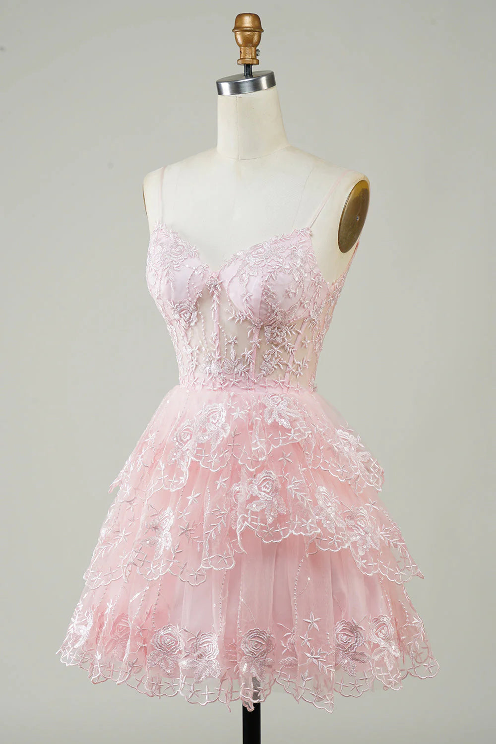 Amzcw Cute Pink A Line Spaghetti Straps Sparkly Sequin Tiered Corset Short Homecoming Dress