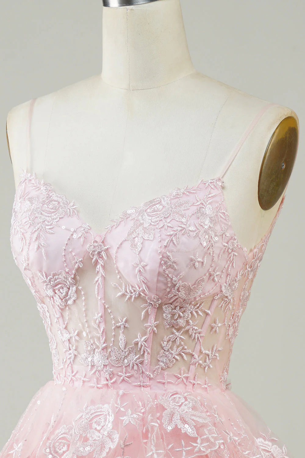 Amzcw Cute Pink A Line Spaghetti Straps Sparkly Sequin Tiered Corset Short Homecoming Dress