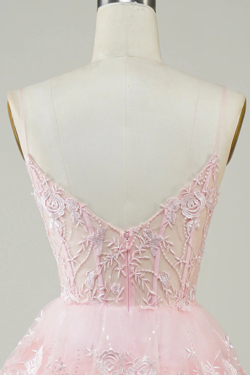 Amzcw Cute Pink A Line Spaghetti Straps Sparkly Sequin Tiered Corset Short Homecoming Dress