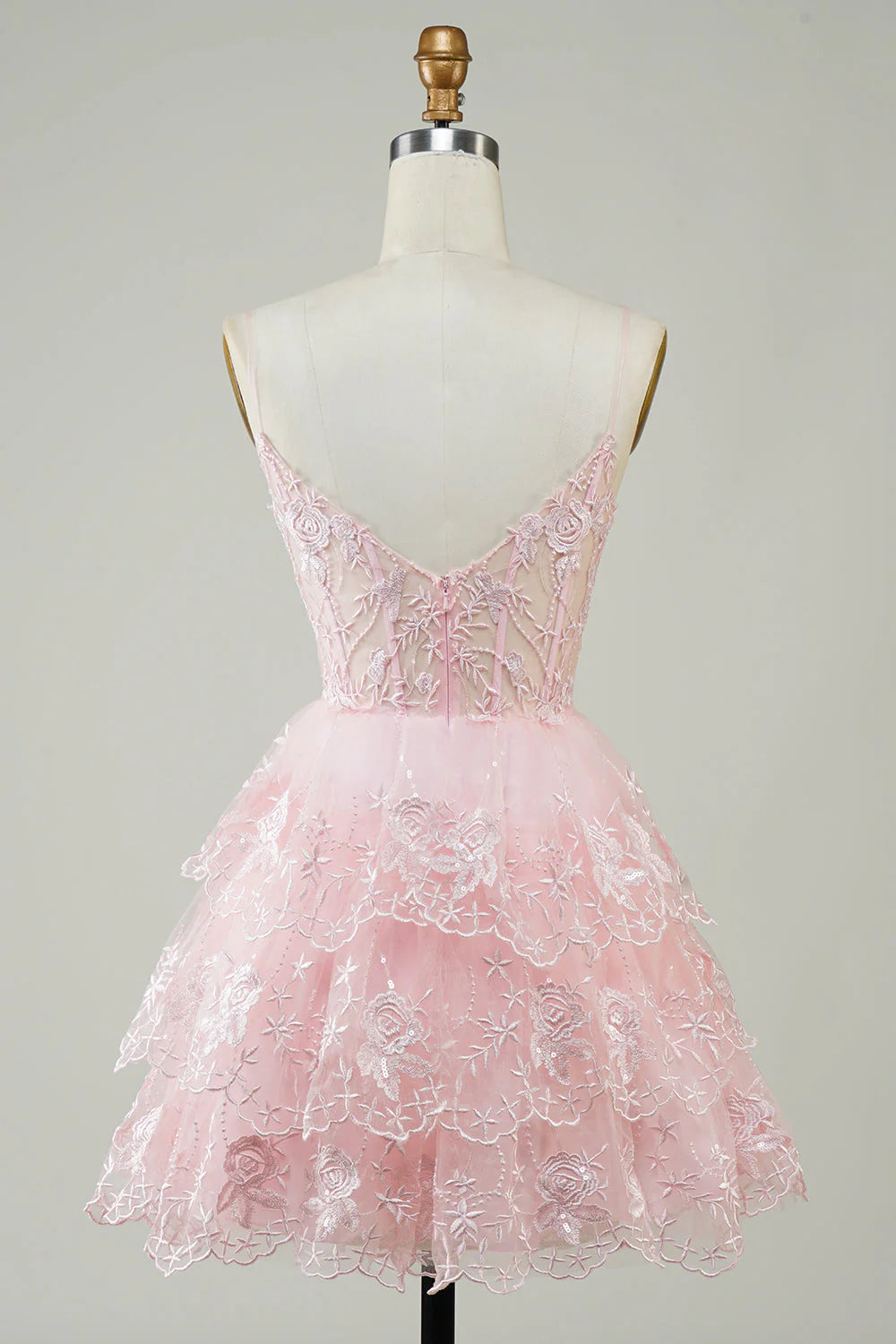 Amzcw Cute Pink A Line Spaghetti Straps Sparkly Sequin Tiered Corset Short Homecoming Dress