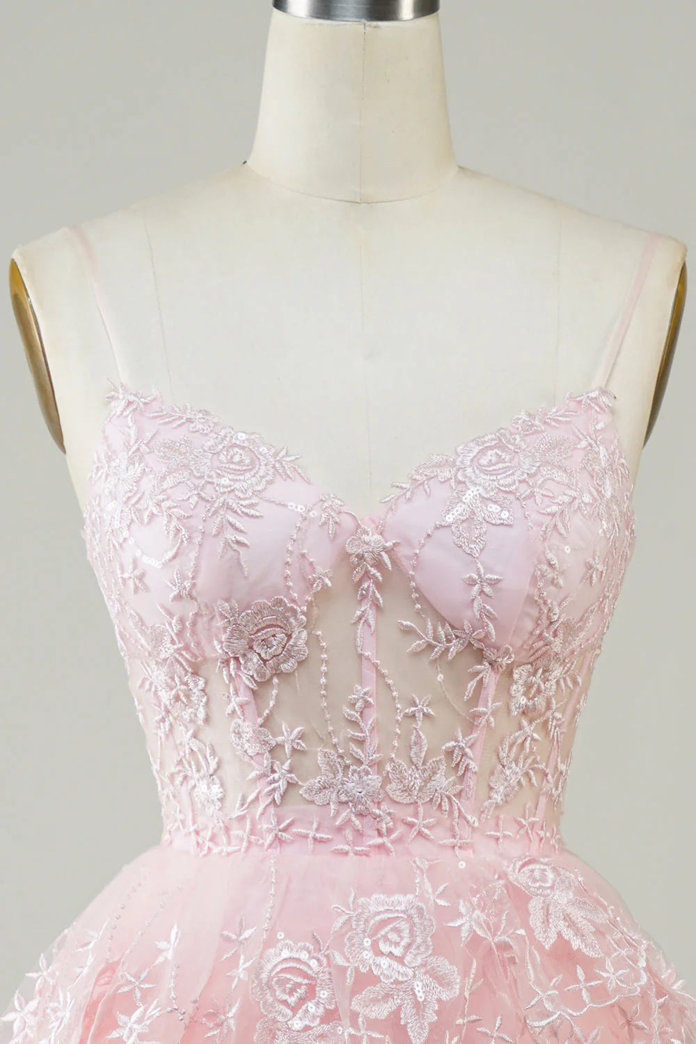 Amzcw Cute Pink A Line Spaghetti Straps Sparkly Sequin Tiered Corset Short Homecoming Dress