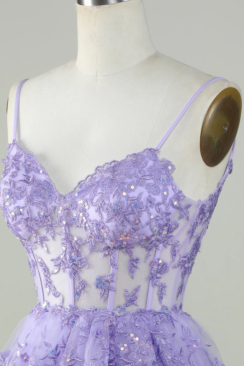 Amzcw Sparkly Purple A Line Spaghetti Straps Tiered Corset Short Homecoming Dress