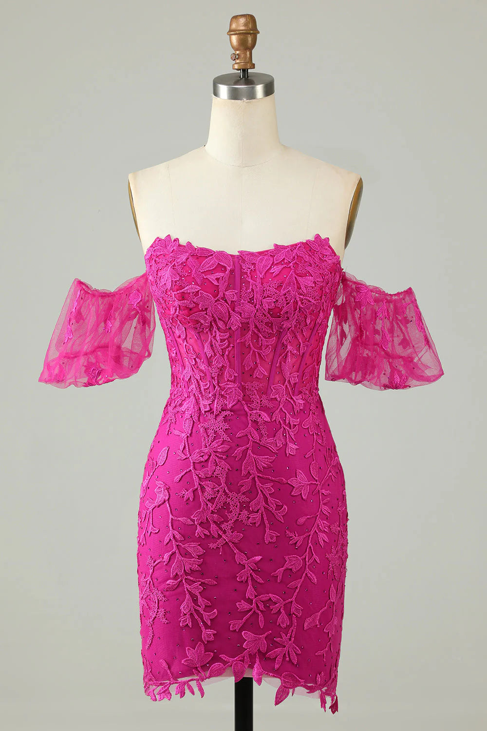 Amzcw Fuchsia Sheath Off the Shoulder Short Homecoming Dress With Appliques