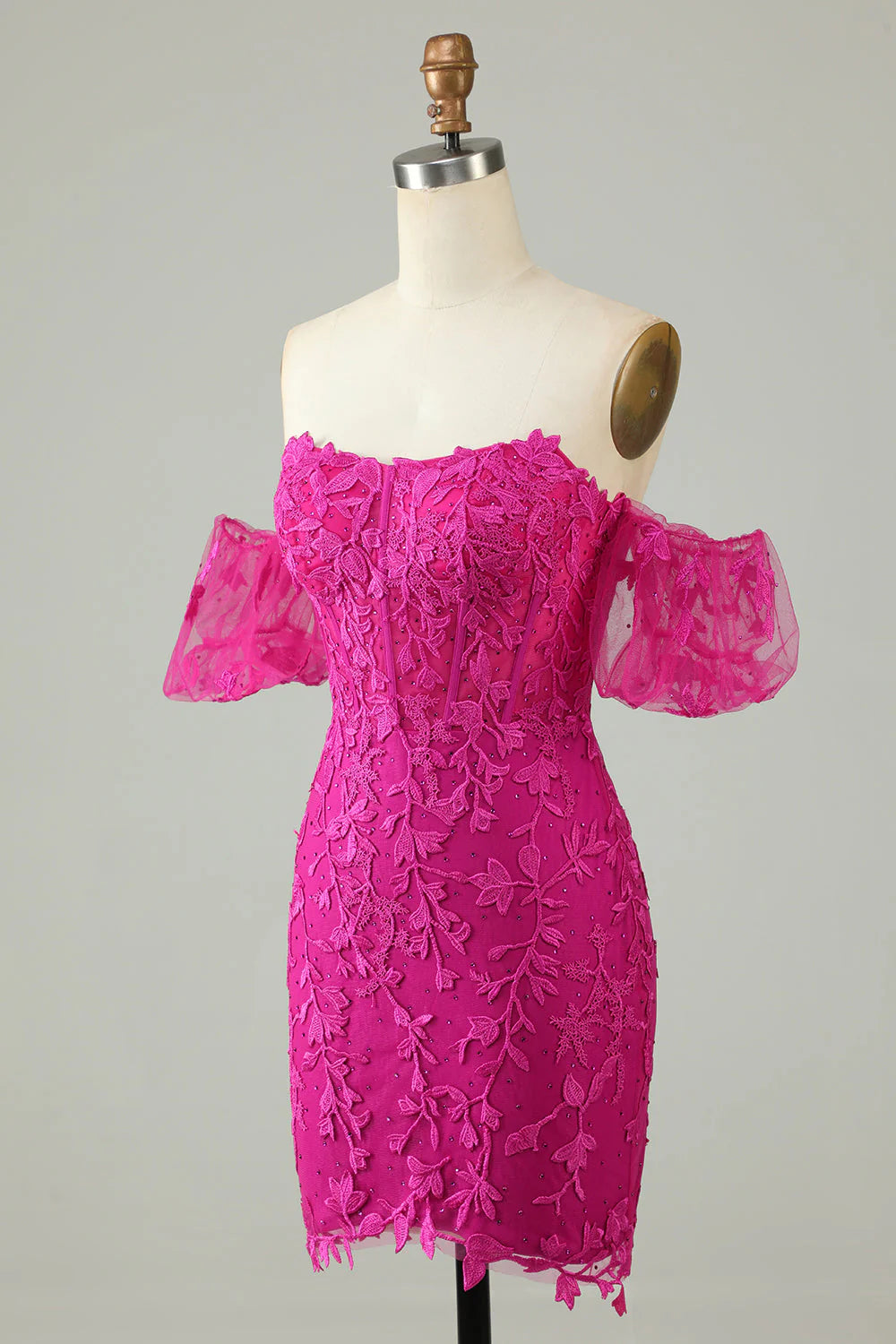Amzcw Fuchsia Sheath Off the Shoulder Short Homecoming Dress With Appliques