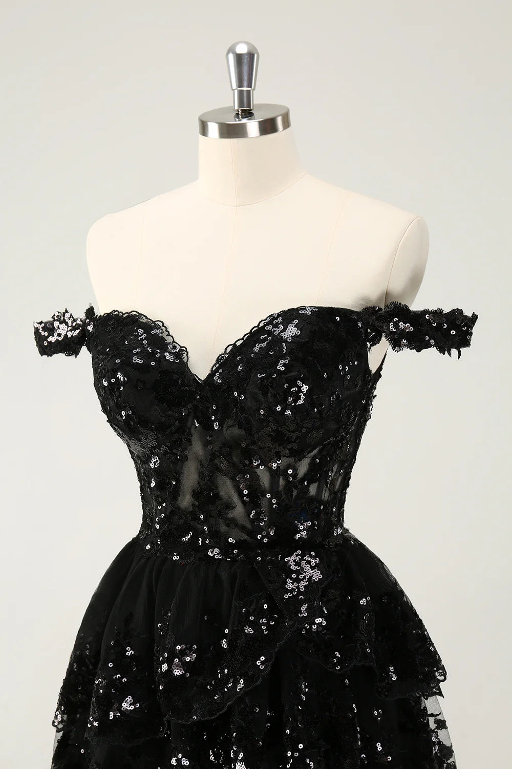 Amzcw Sparkly Black A Line Off The Shoulder Corset Tiered Short Homecoming Dress