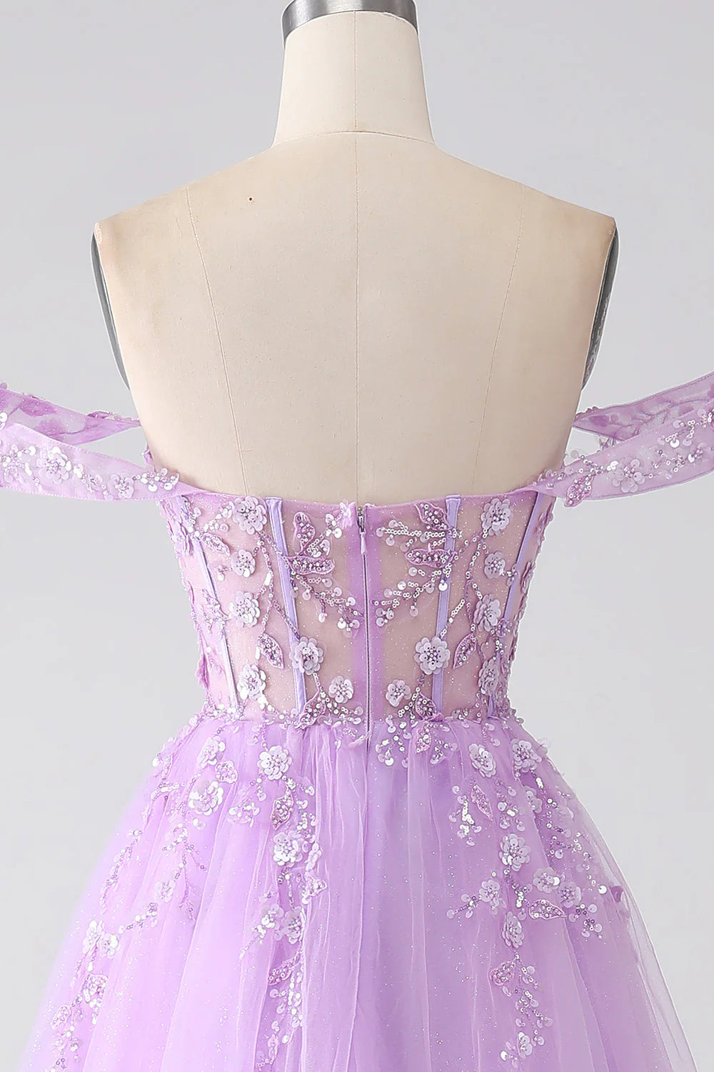 Amzcw Lilac A-Line Off The Shoulder Beaded Corset Long Prom Dress With Slit