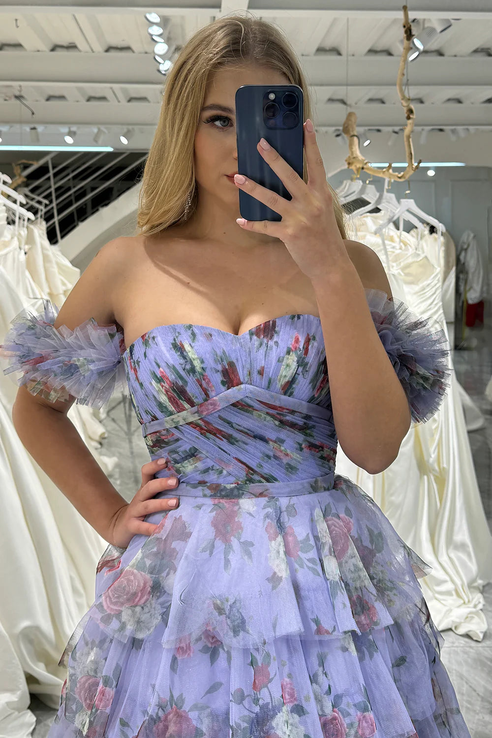 Amzcw Lavendar A Line Sweetheart Pleated Floral Print Long Tiered Prom Dress prom dresses with long sleeves
