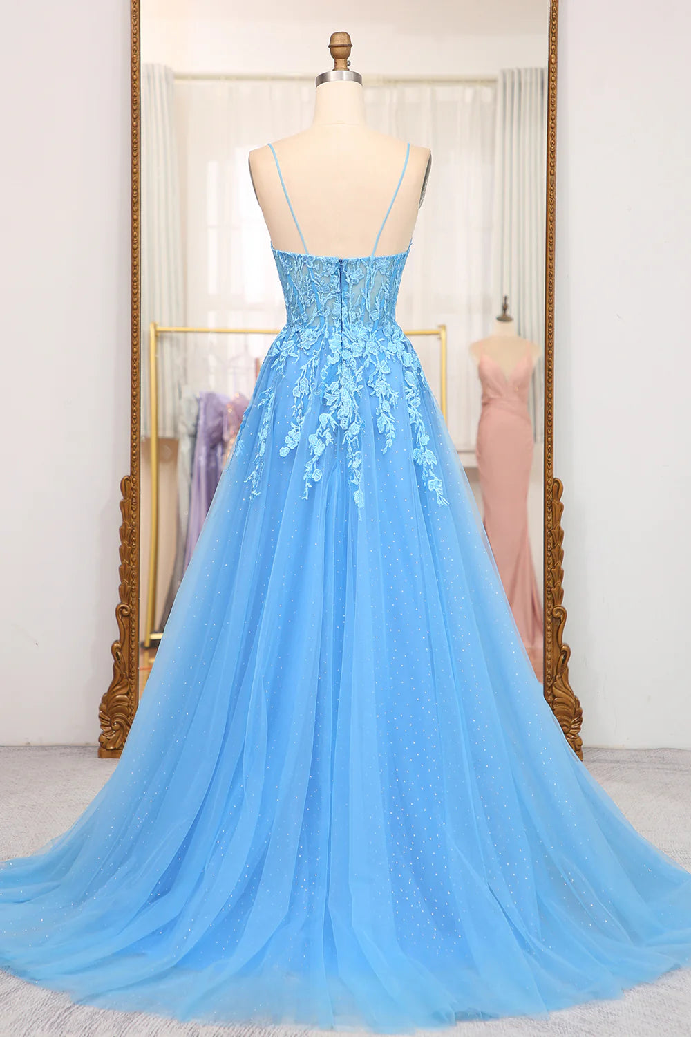 Amzcw A-Line Spaghetti Straps Tulle Long Blue Prom Dress With Appliques prom clothing
