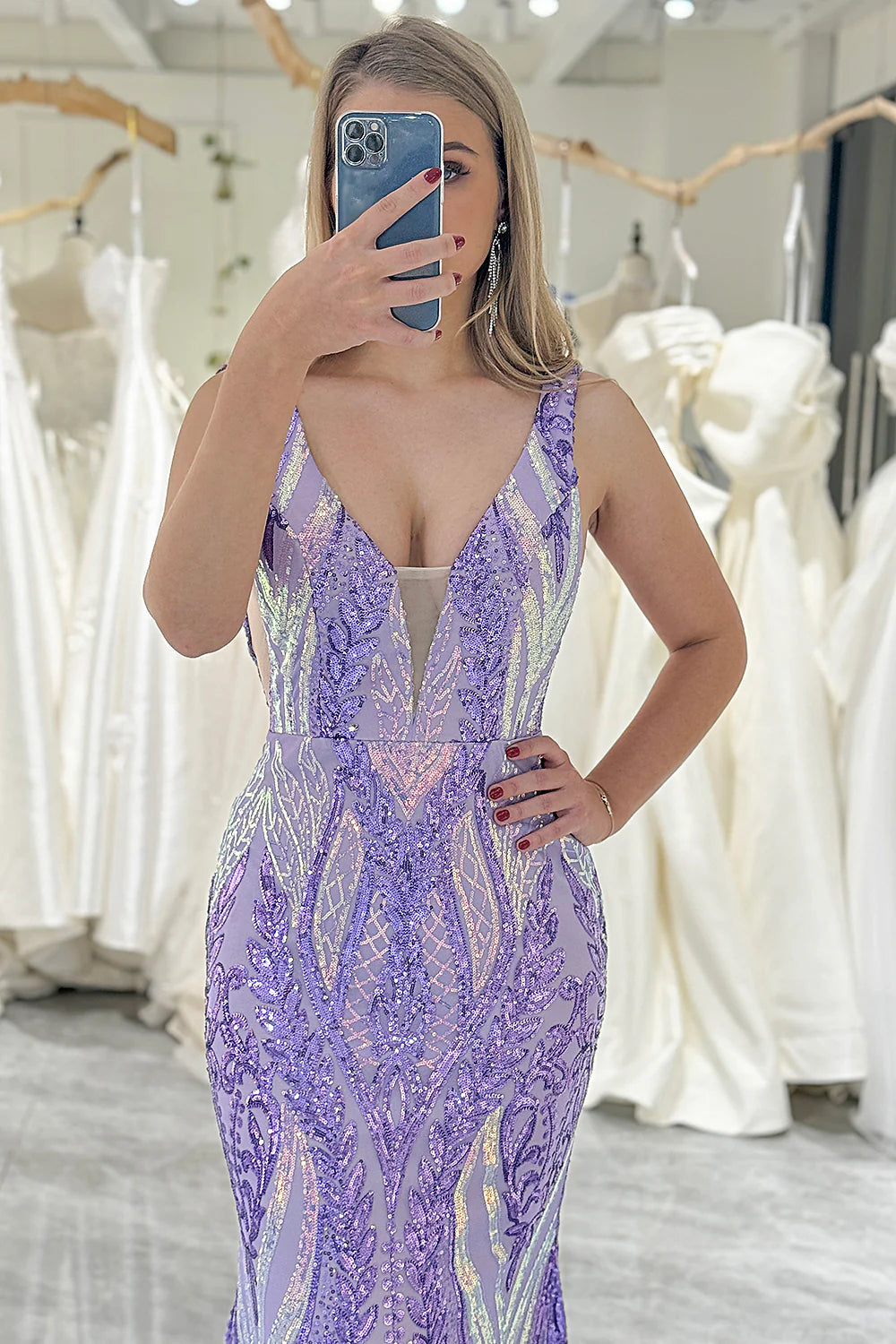 Amzcw Sparkly Purple Mermaid V-Neck Backless Long Prom Dress With Sequins