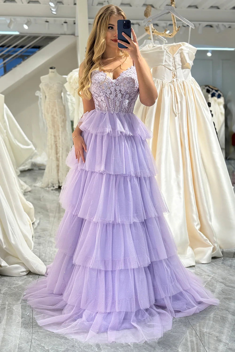 Amzcw Lilac Tulle A Line Corset Tiered Long Prom Dress With Appliques prom dresses with long sleeves
